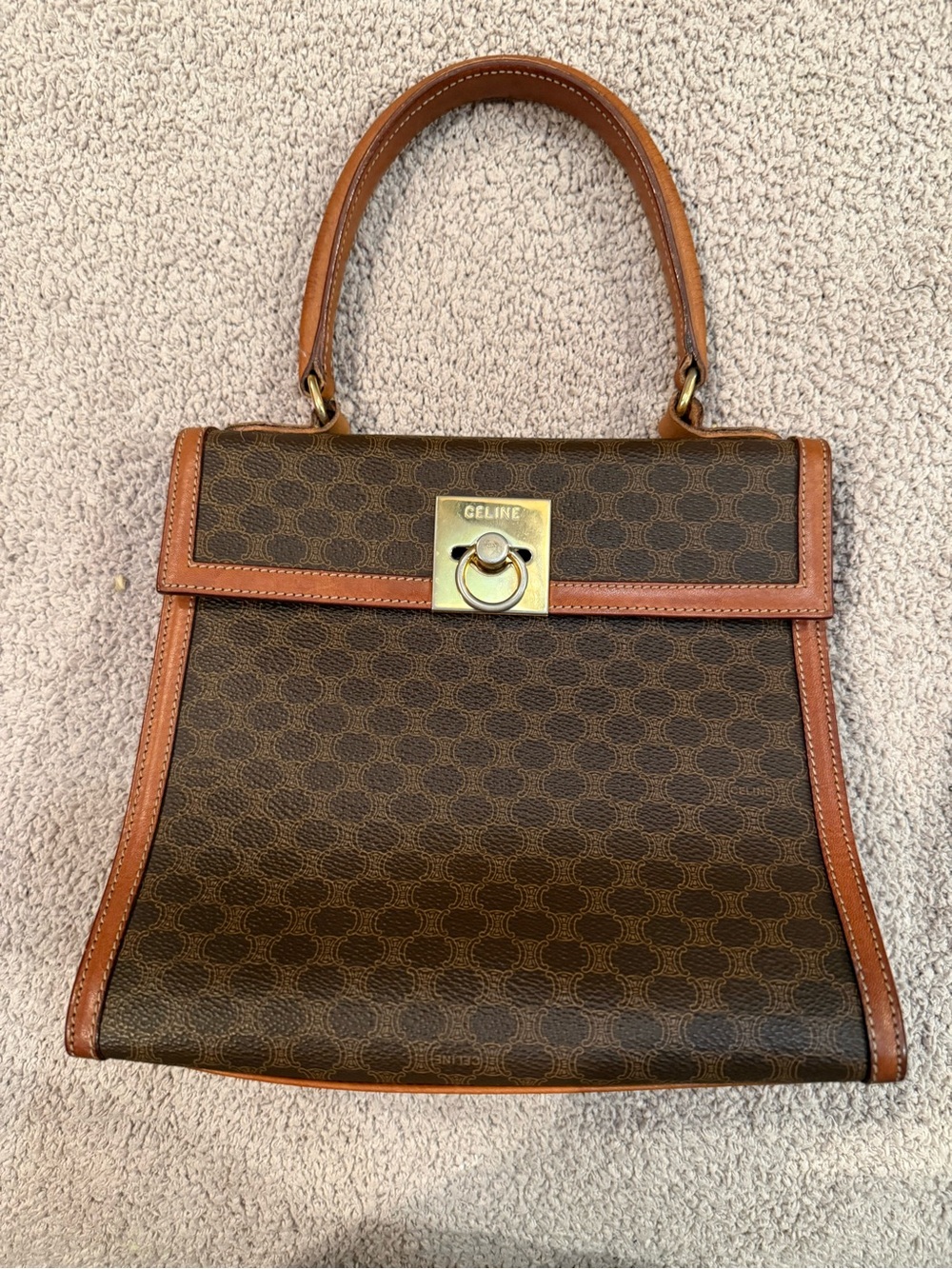Celine Brown and Tan Signature Shoulder Bag with Gold Hardware